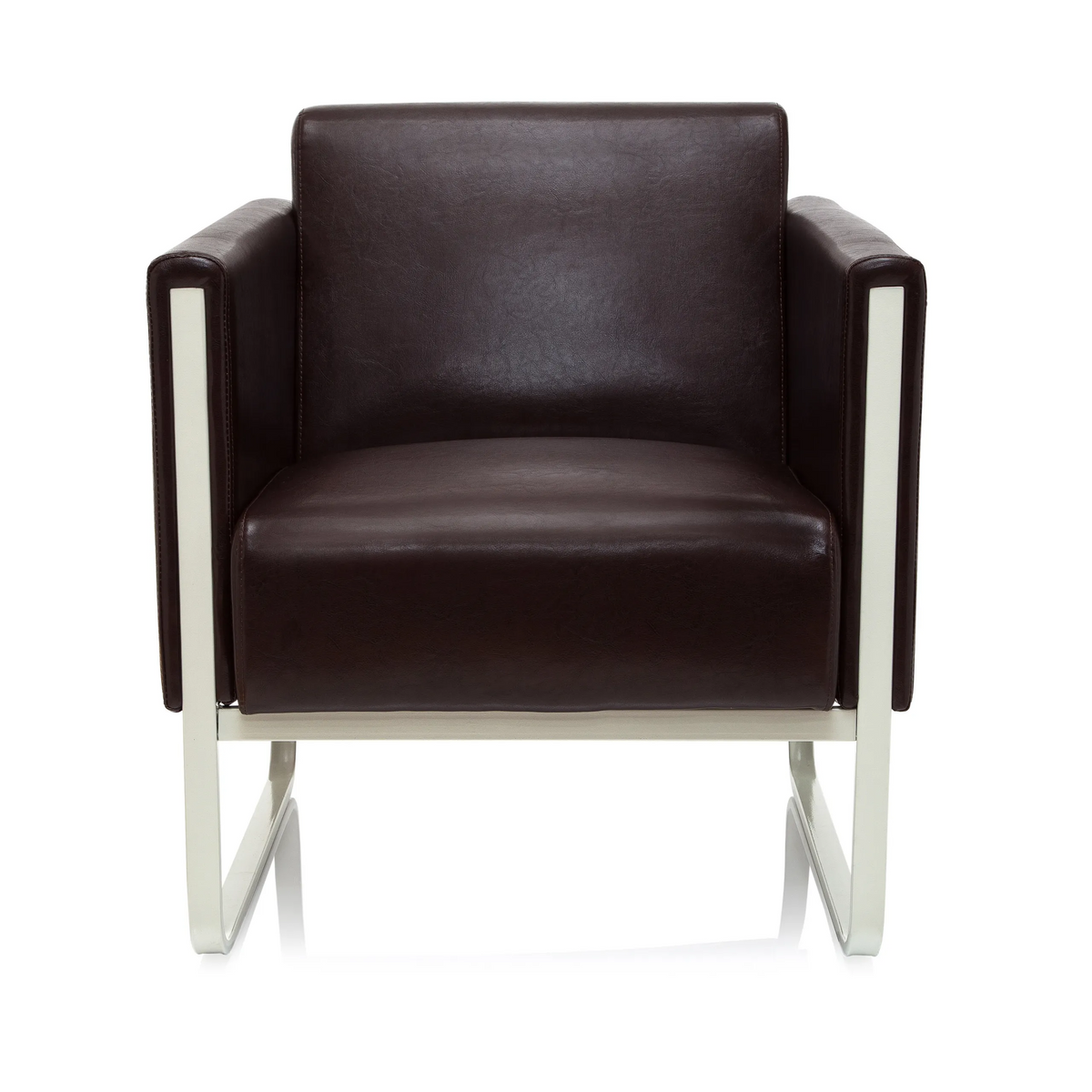 Bruine gestoffeerde fauteuil ARUBA met wit metalen frame van hjh OFFICE – 360-gradenweergave (vooraanzicht 0°)