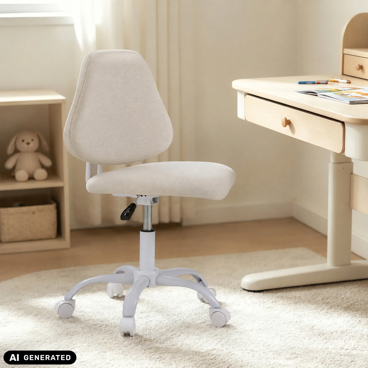 Beige kinder bureaustoel Lumikid met zwenkwielen en gasveer van hjh OFFICE (AI-gegenereerde afbeelding)
