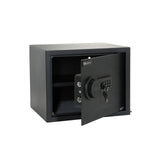 Zwarte kluis SAFE COMPACT met digitaal toetsenslot en draaigreep van hjh OFFICE – 360-gradenweergave (schuin achteraanzicht 120°)
