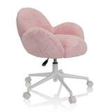 Roze Kinder bureaustoel KID TEDDY met pluche bekleding en wit vijfsterrenonderstel op wieltjes van hjh OFFICE – 360-gradenweergave (schuin vooraanzicht 60°)