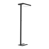 Zwarte LED staande lamp LUMANOVA met L-vormige lampenkop en platte voet van hjh OFFICE