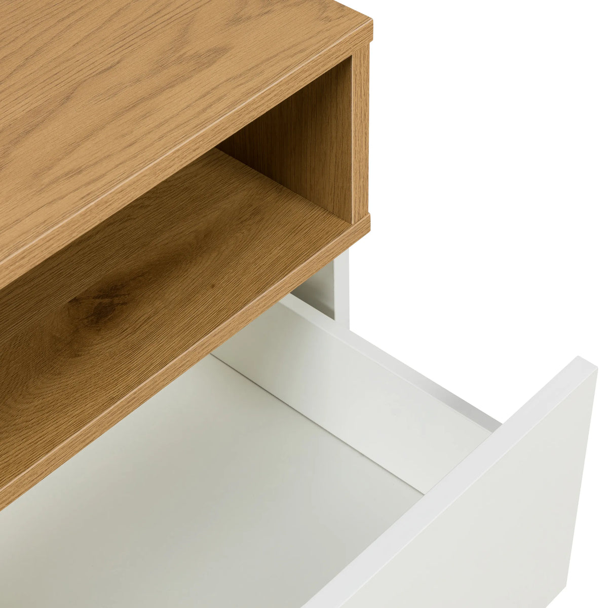 Open vak en witte lade van de Bijzettafel MELMO in eiken en wit van hjh LIVING