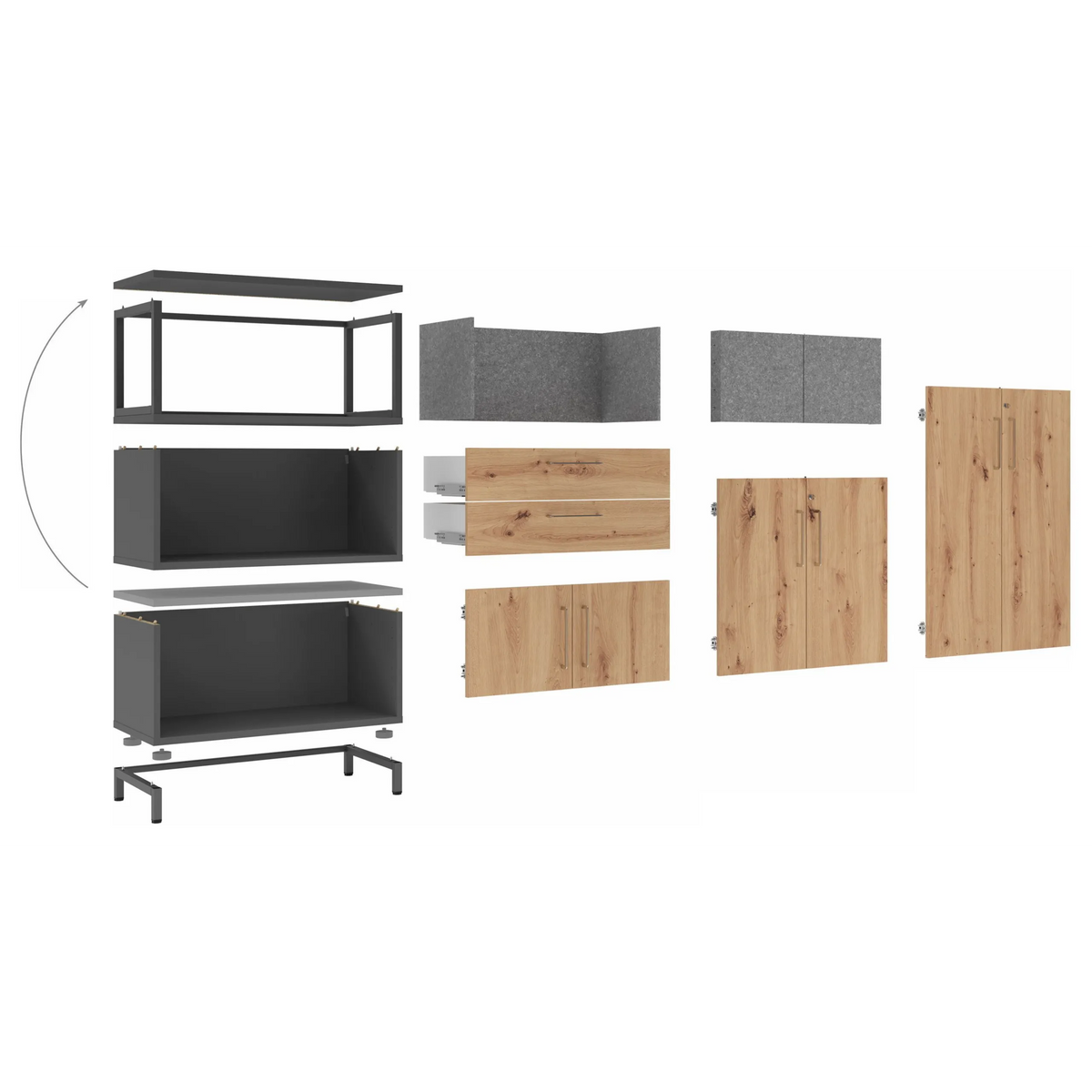 Losse onderdelen en corpussen van de serie FlexWall in grafiet en houtoptiek met plintframe van hjh OFFICE PRO