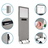 Lichtgrijze scheidingswand FLEXMIUT WB met whiteboard, pennenhouder, wieltjes en geluidsabsorberend materiaal van hjh OFFICE