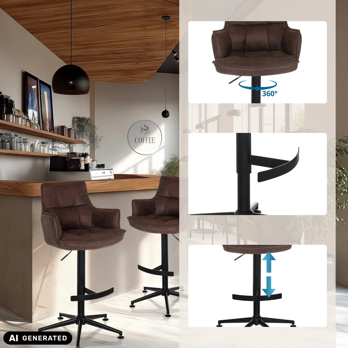 Bruine SOLAO LIFE HIGH barkruk met gaslift, voetsteun en 360 graden draaifunctie van hjh LIVING (AI-gegenereerde afbeelding)