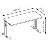 Maattekening van het in hoogte verstelbare bureau MEGA 614 W met afmetingen 1400 x 672 mm van hjh OFFICE PRO