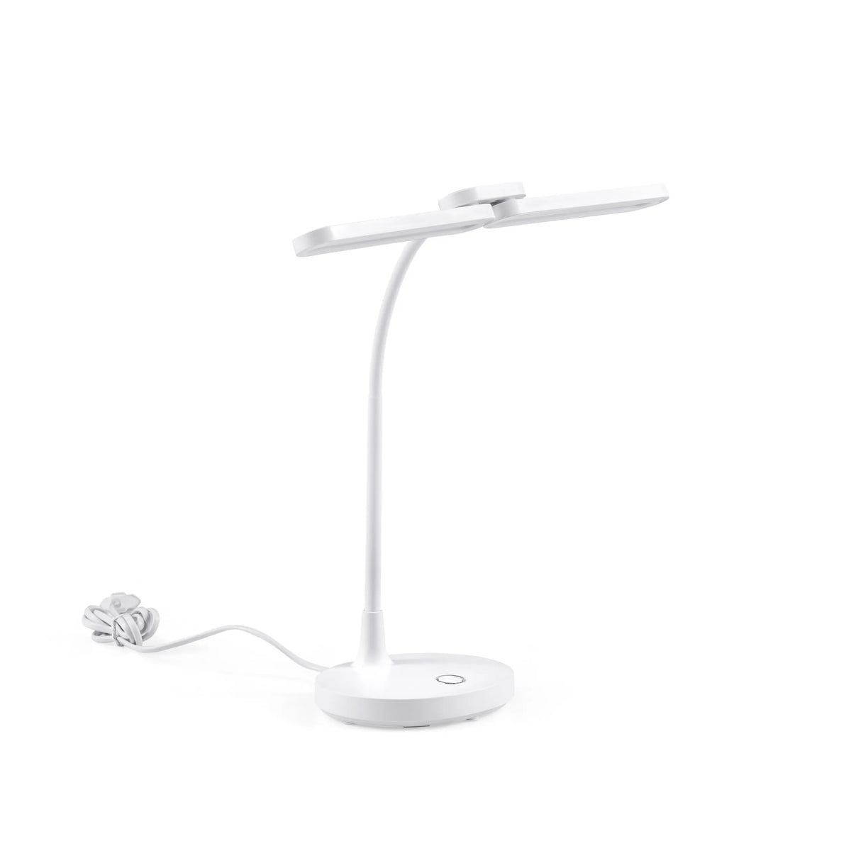 Witte Lumanova D6 bureaulamp met ronde voet, flexibele hals en platte lampkop van hjh OFFICE – 360-gradenweergave (vooraanzicht 15°)