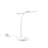 Witte Lumanova D6 bureaulamp met ronde voet, flexibele hals en platte lampkop van hjh OFFICE – 360-gradenweergave (vooraanzicht 15°)