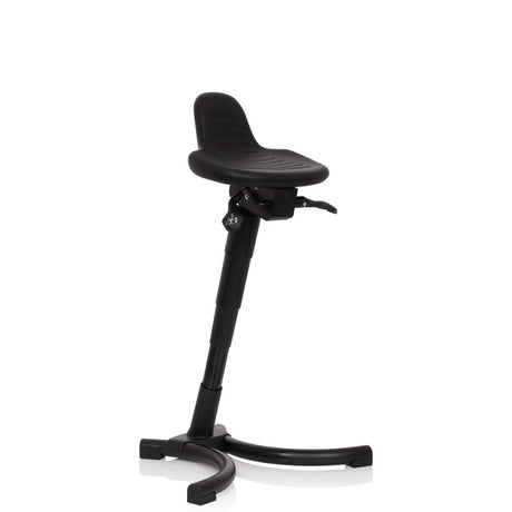 Schwarze Stehhilfe TOP WORK 34 mit ergonomisch geformter Sitzfläche und Sternfuß von hjh OFFICE