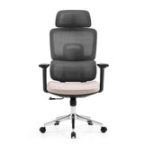 Donkergrijze professionele bureaustoel Ergomy Pro met beige zitting, netrugleuning en vijfpoot met zwenkwielen van hjh OFFICE – 360-gradenweergave (vooraanzicht 0°)