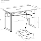 Technische tekening van het Bureau WORKFLOW van 120 x 60 cm met toetsenbordlade van hjh OFFICE