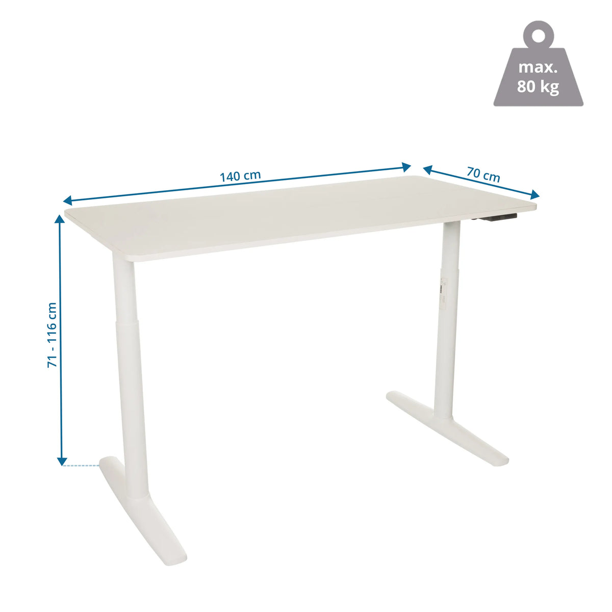 Maßzeichnung des elektrisch höhenverstellbaren Schreibtischs STAND PRO mit 140 × 70 cm von hjh OFFICE