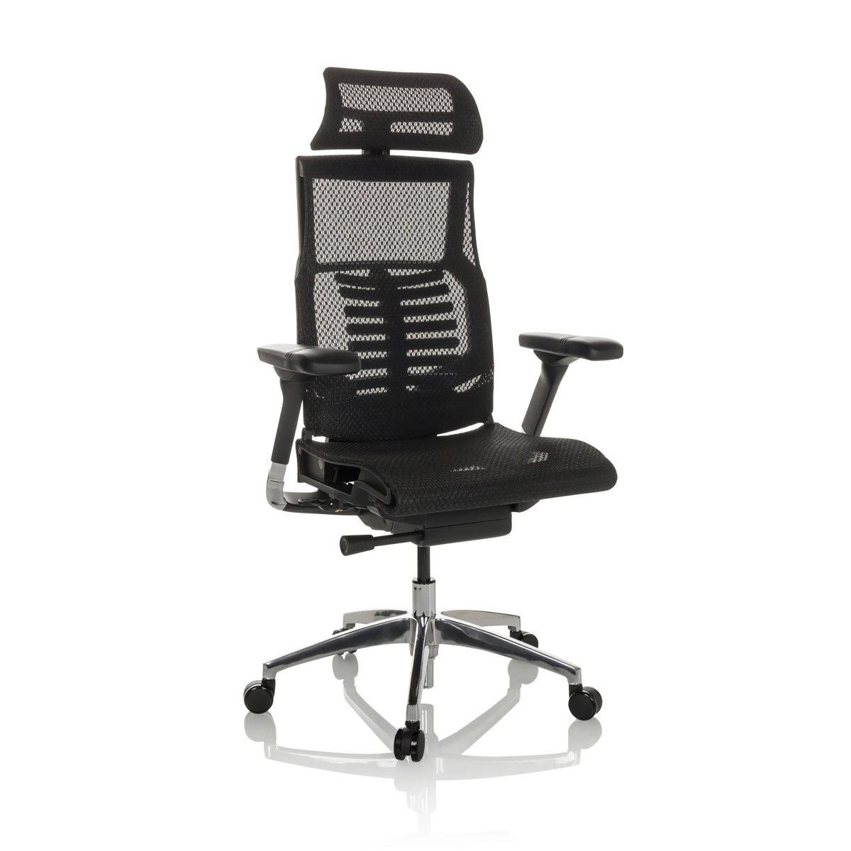 Zwarte High end bureaustoel POFIT GEN2 met netrugleuning en voetkruis met vijf wieltjes van hjh OFFICE – 360-gradenweergave (schuin vooraanzicht 30°)