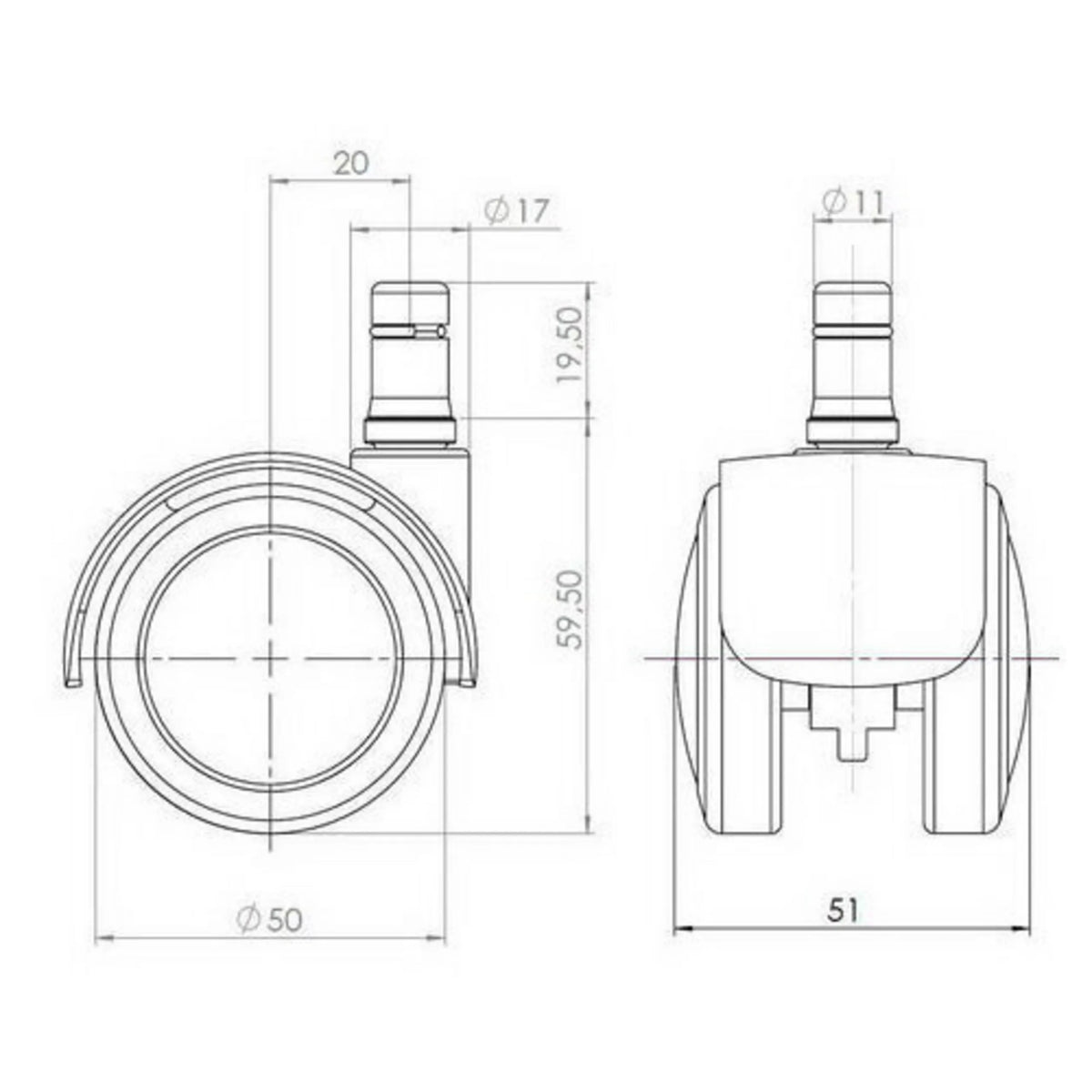 Technische tekening van de Bureaustoelwielen 5x ROLO FIX 11mm/50mm met een diameter van 50 mm van hjh OFFICE