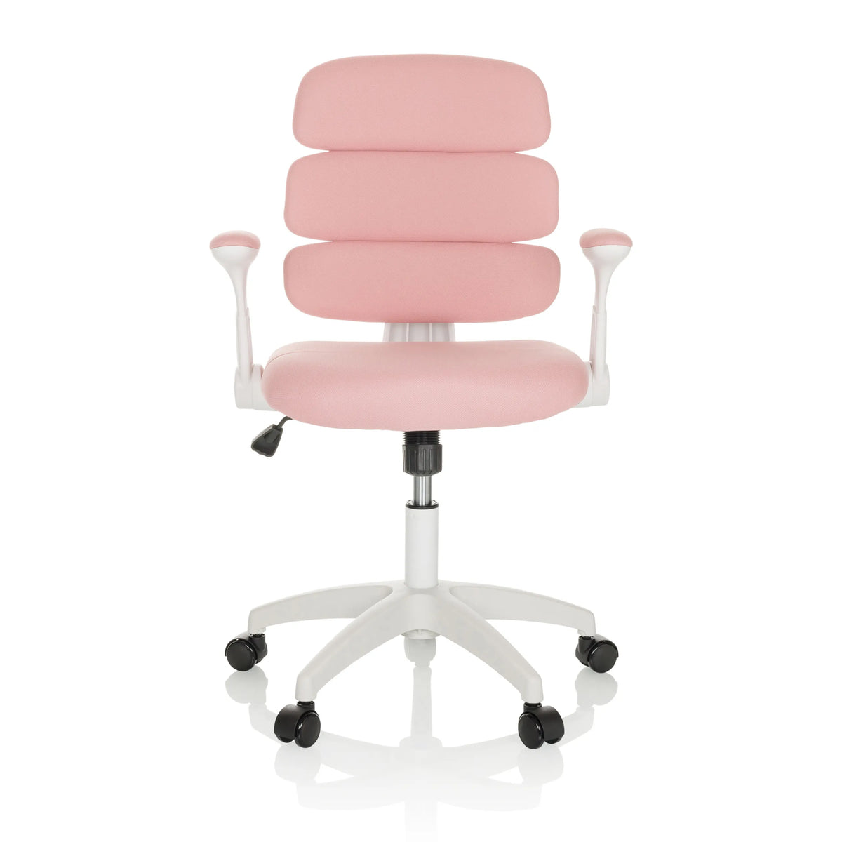 Roze Kinder bureaustoel KID ERGOLINO W met gesegmenteerde rugleuning en wit vijfsterrenvoet met wielen van hjh OFFICE – 360-gradenweergave (vooraanzicht 0°)