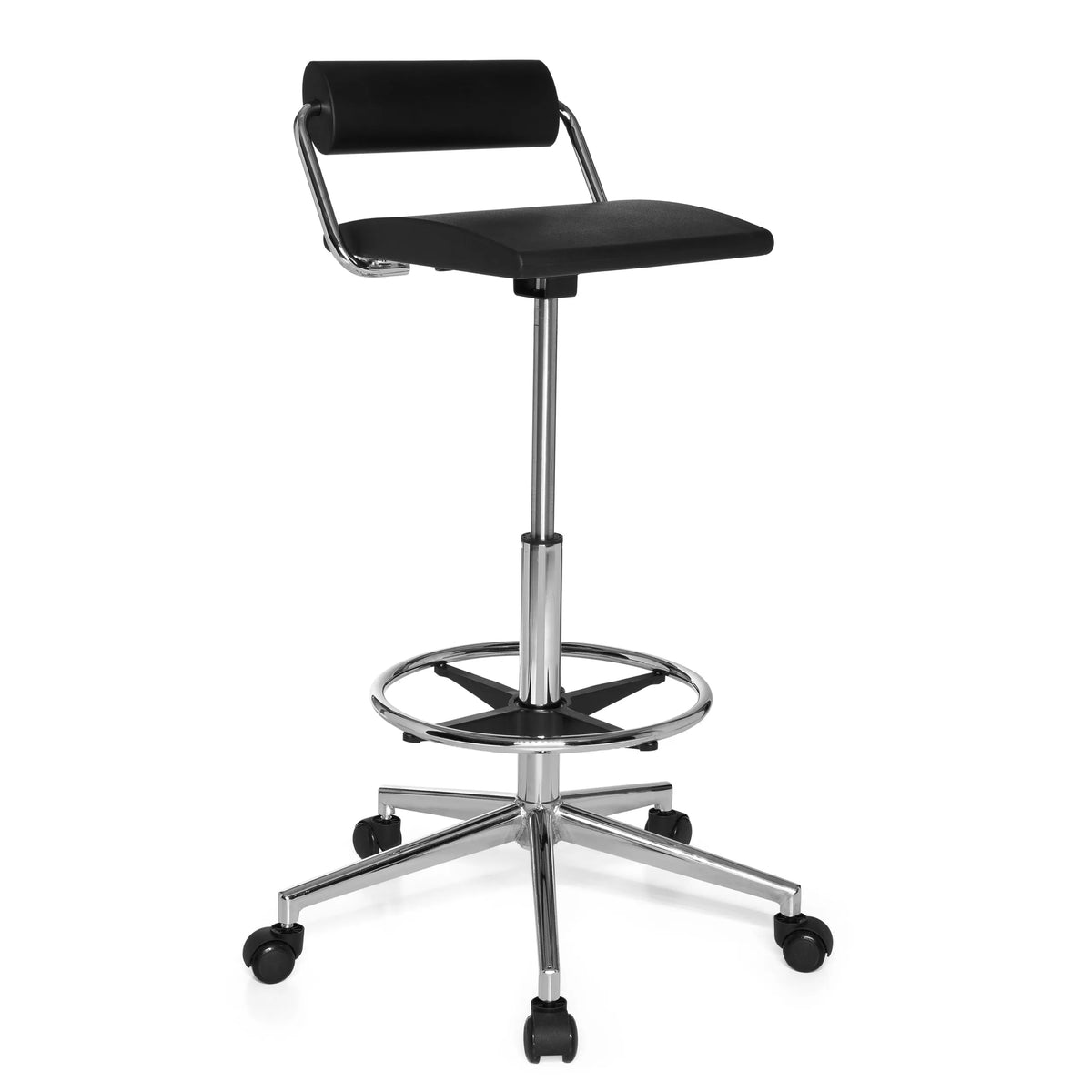 Zwarte Draaikruk TOP WORK 28 met voetring en vijfpoot met wieltjes van hjh OFFICE – 360-gradenweergave (schuin vooraanzicht 40°)