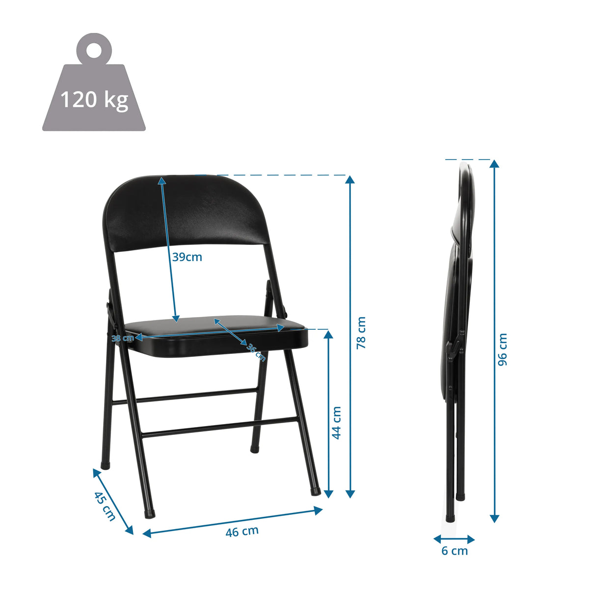 Maattekening van de Klapstoel TUDELA H met een totale hoogte van 96 cm en 120 kg draagvermogen van hjh OFFICE