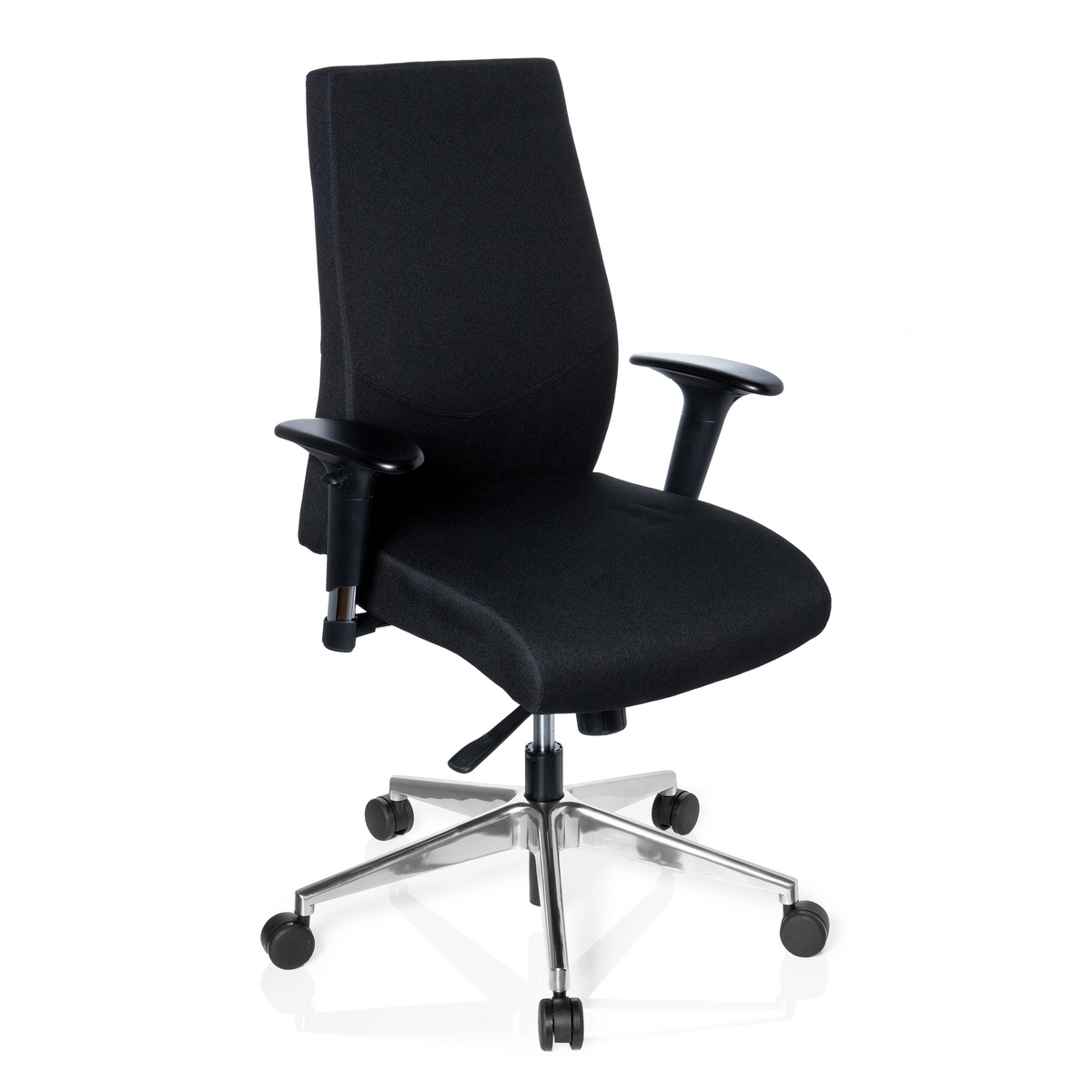 Schwarzer Profi-Bürostuhl PRO-TEC 250 mit Armlehnen und Fußkreuz mit fünf Rollen von hjh OFFICE – 360-Grad-Ansicht (schräge Frontansicht 40°)