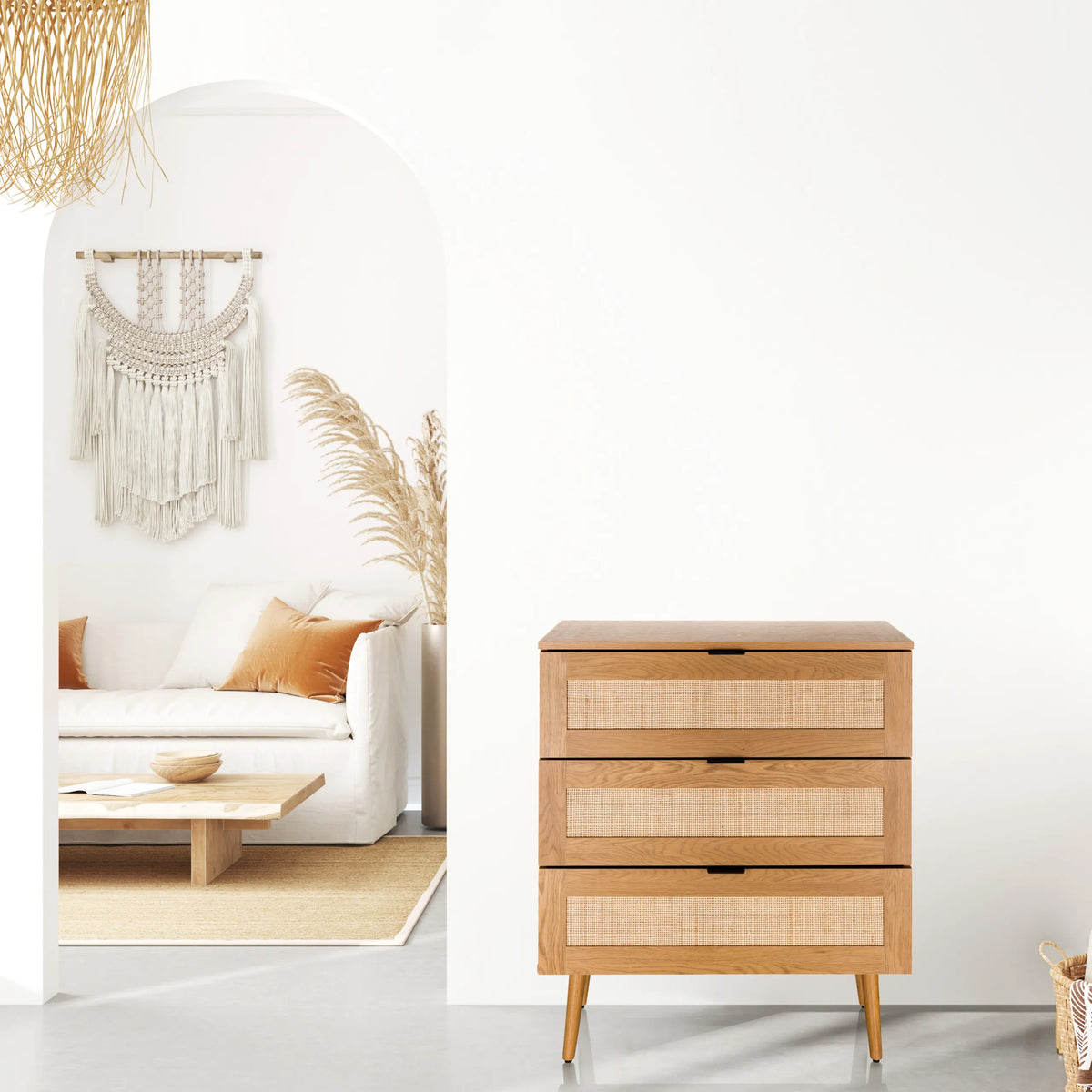 Commode BOHEO K van eiken met drie laden en Weens vlechtwerk van hjh LIVING