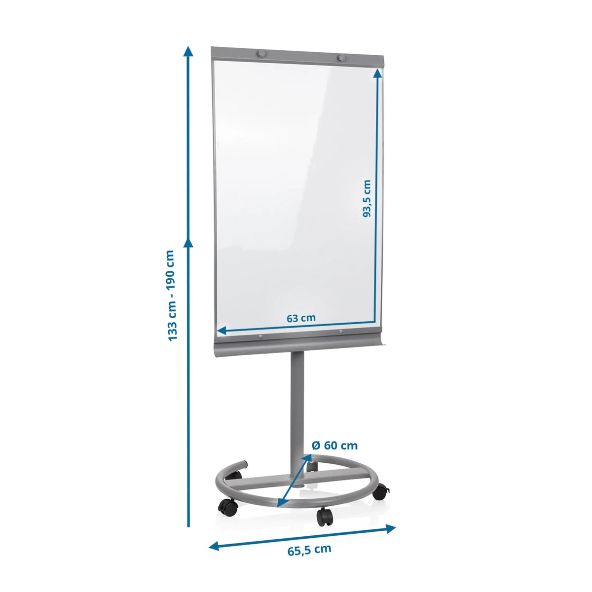 Maattekening van het Whiteboard MULTIBOARD met een hoogte van 133 tot 190 cm van hjh OFFICE