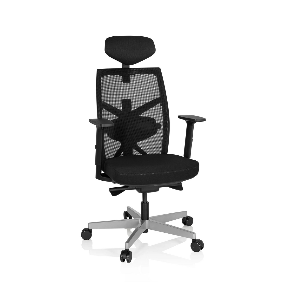 Zwarte Professionele bureaustoel BELLAC met netrug, hoofdsteun en vijfpoot met wieltjes van hjh OFFICE – 360-gradenweergave (vooraanzicht 20°)