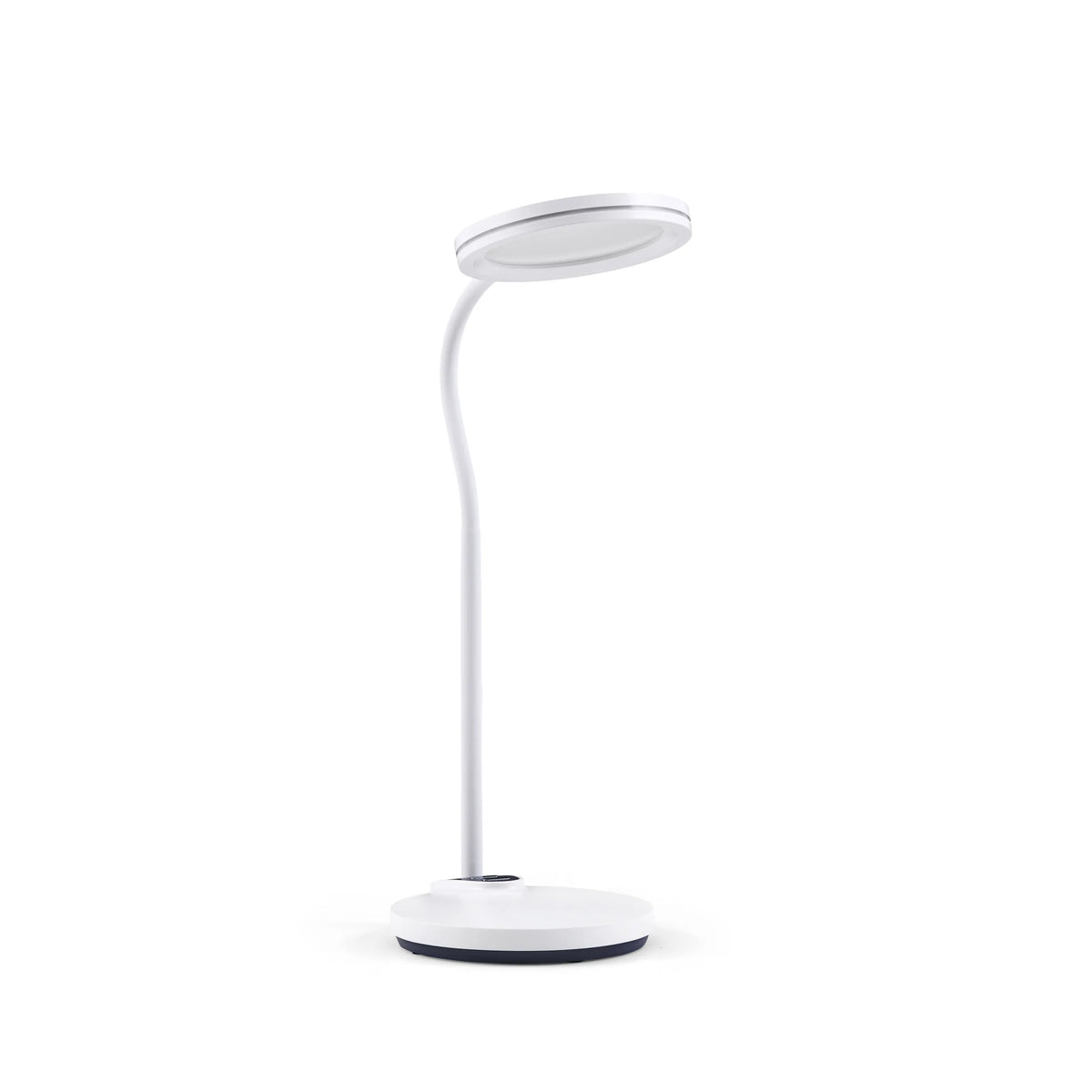 Witte Lumanova D5 bureaulamp met een ronde voet en een platte, cirkelvormige lampenkap van hjh OFFICE – 360-gradenweergave (vooraanzicht 0°)
