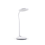 Witte Lumanova D5 bureaulamp met een ronde voet en een platte, cirkelvormige lampenkap van hjh OFFICE – 360-gradenweergave (vooraanzicht 0°)