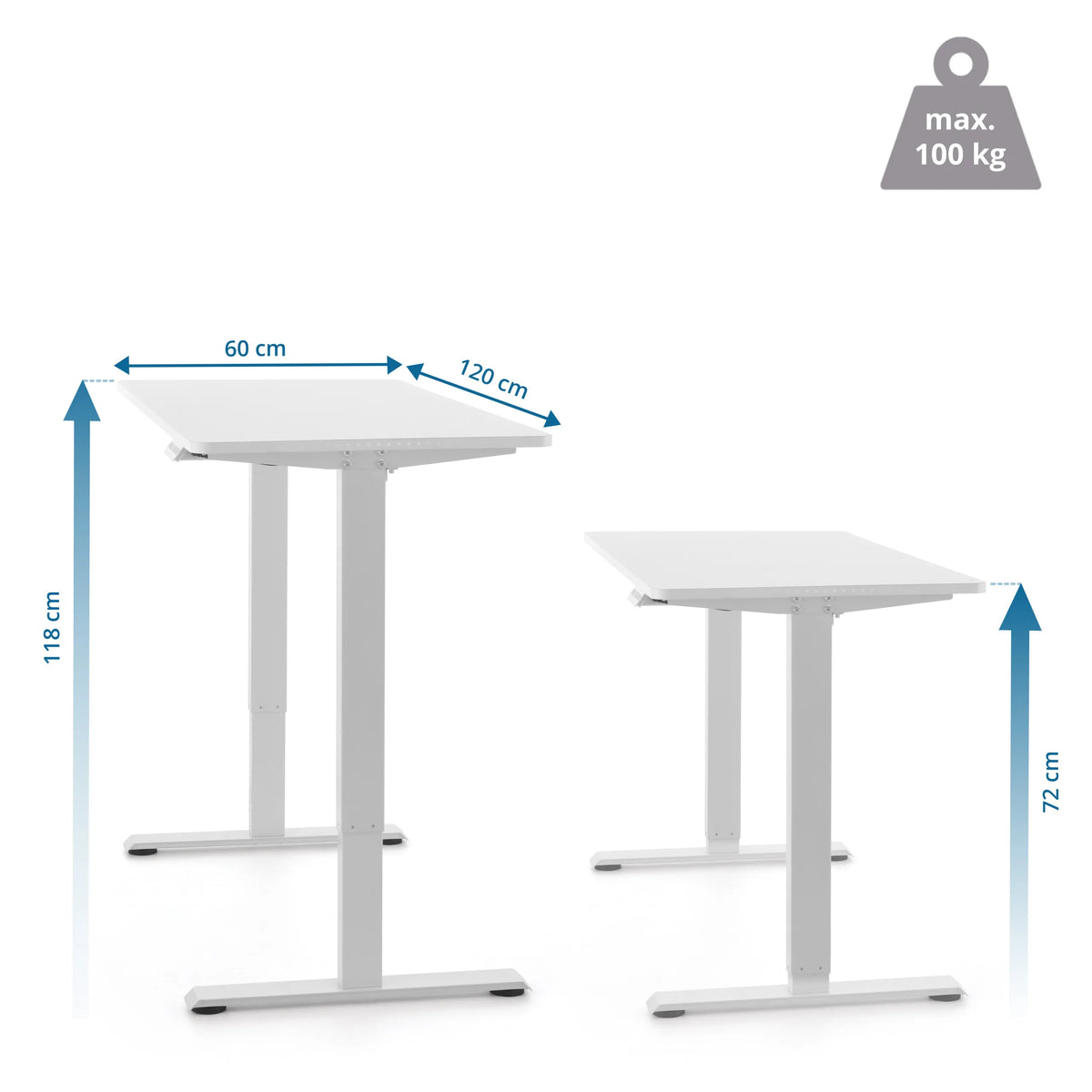Maßzeichnung des elektrisch höhenverstellbaren Schreibtischs Worktime LED mit 120 × 60 cm von hjh OFFICE