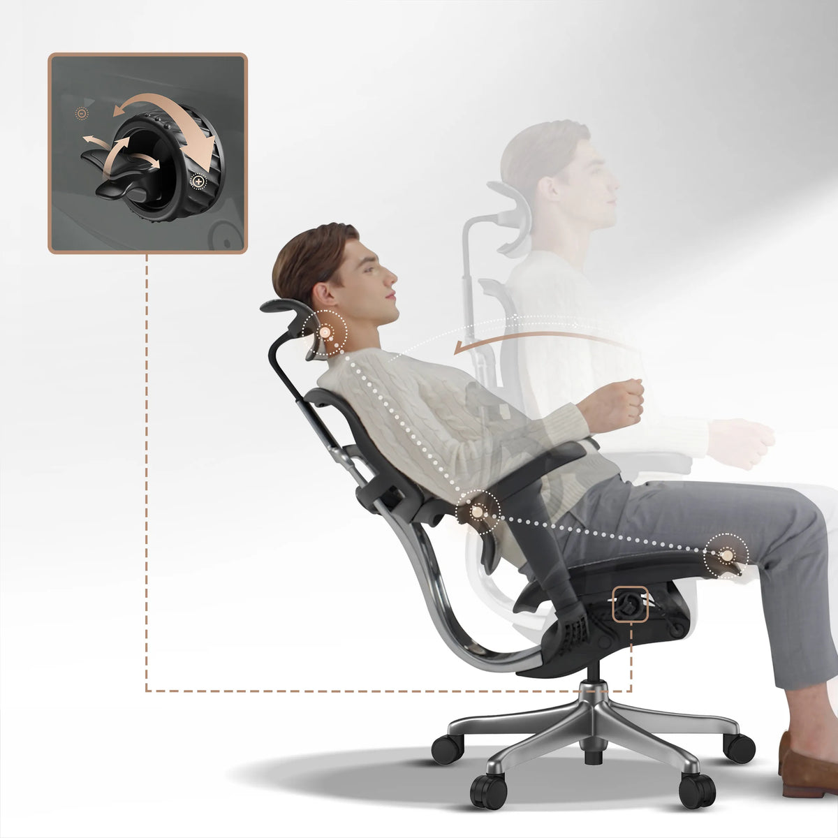 Verstelmechanisme en kantelfunctie van de luxe directiestoel ERGOHUMAN SIGNATURE GEN2 in zwart van hjh OFFICE