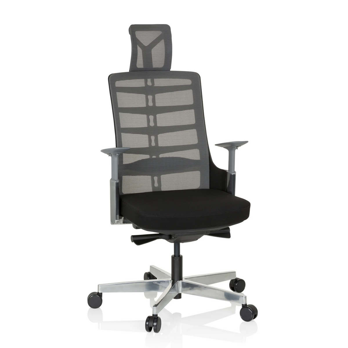 Zwart-grijze High end bureaustoel SKARIF met netrugleuning en vijfpoot met zwenkwielen van hjh OFFICE – 360-gradenweergave (vooraanzicht 20°)