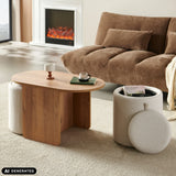 Bijzettafel Nestup in walnootlook met wit gestoffeerd element van hjh LIVING (AI-gegenereerde afbeelding)