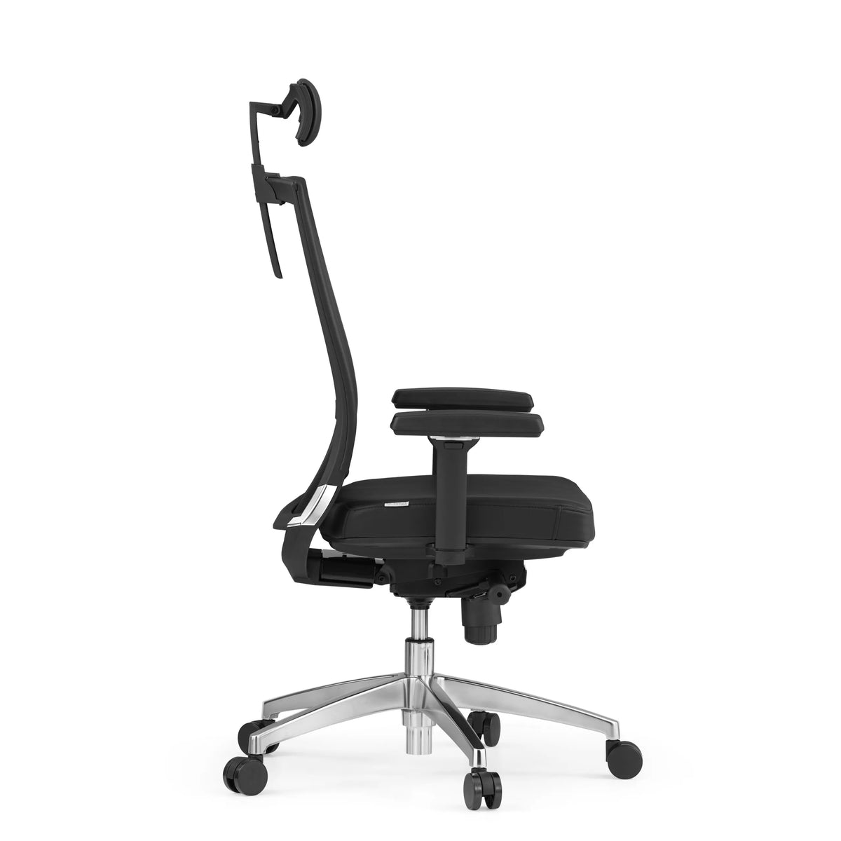 Zwarte Professionele bureaustoel PORTO MAX HIGH van leer met hoofdsteun en vijfpoot met wieltjes van hjh OFFICE – 360-gradenweergave (zijaanzicht 90°)