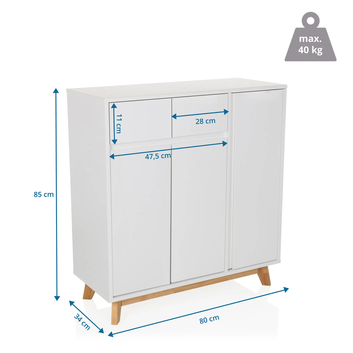 Maattekening van de Commode ESTHA met 80 × 85 cm en een maximale belasting van 40 kg van hjh LIVING