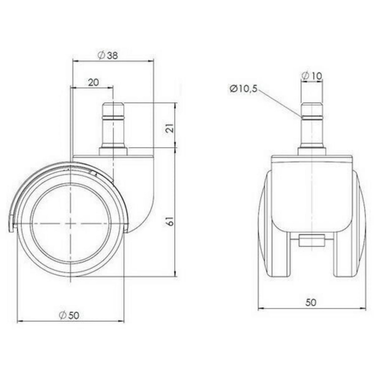 Technische tekening van de Bureaustoelwielen 5x ROLO 10mm/50mm met een diameter van 50 mm van hjh OFFICE
