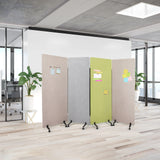 Mobiele scheidingswanden FLEXMIUT in beige, donkergrijs en lichtgroen op wielen met notities van hjh OFFICE