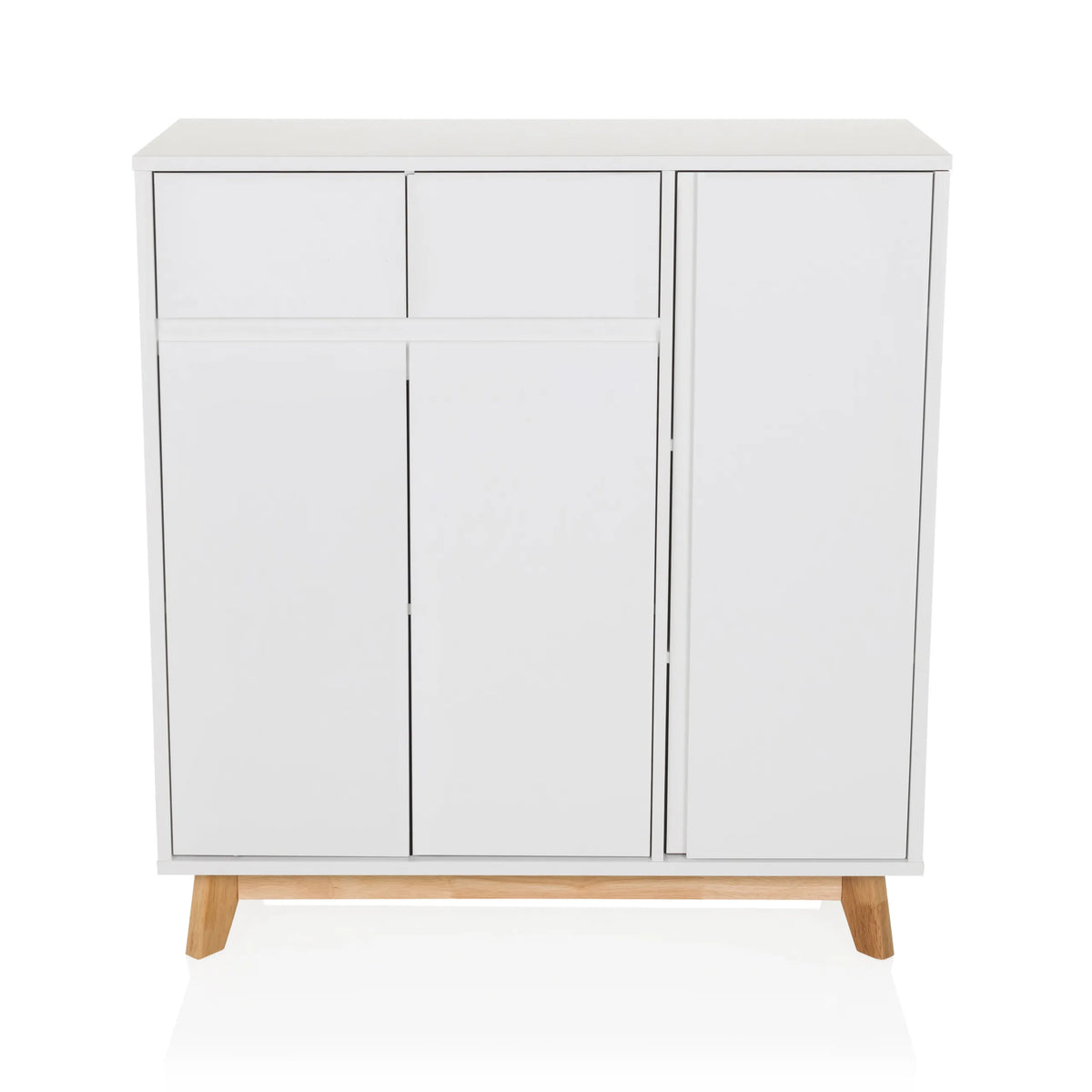Witte commode ESTHA met twee laden, drie deuren en lichte houten poten van hjh LIVING – 360-gradenweergave (vooraanzicht 0°)