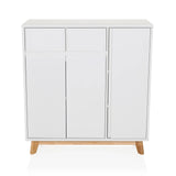Witte commode ESTHA met twee laden, drie deuren en lichte houten poten van hjh LIVING – 360-gradenweergave (vooraanzicht 0°)