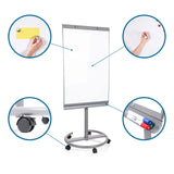 Zilverkleurig whiteboard MULTIBOARD met zwenkwielen, markerbakje en een wit schrijfoppervlak van hjh OFFICE