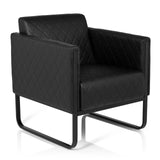 Zwarte gestoffeerde fauteuil ARUBA BLACK met ruitstiksel en slee-onderstel van hjh OFFICE – 360-gradenweergave (schuin vooraanzicht 40°)