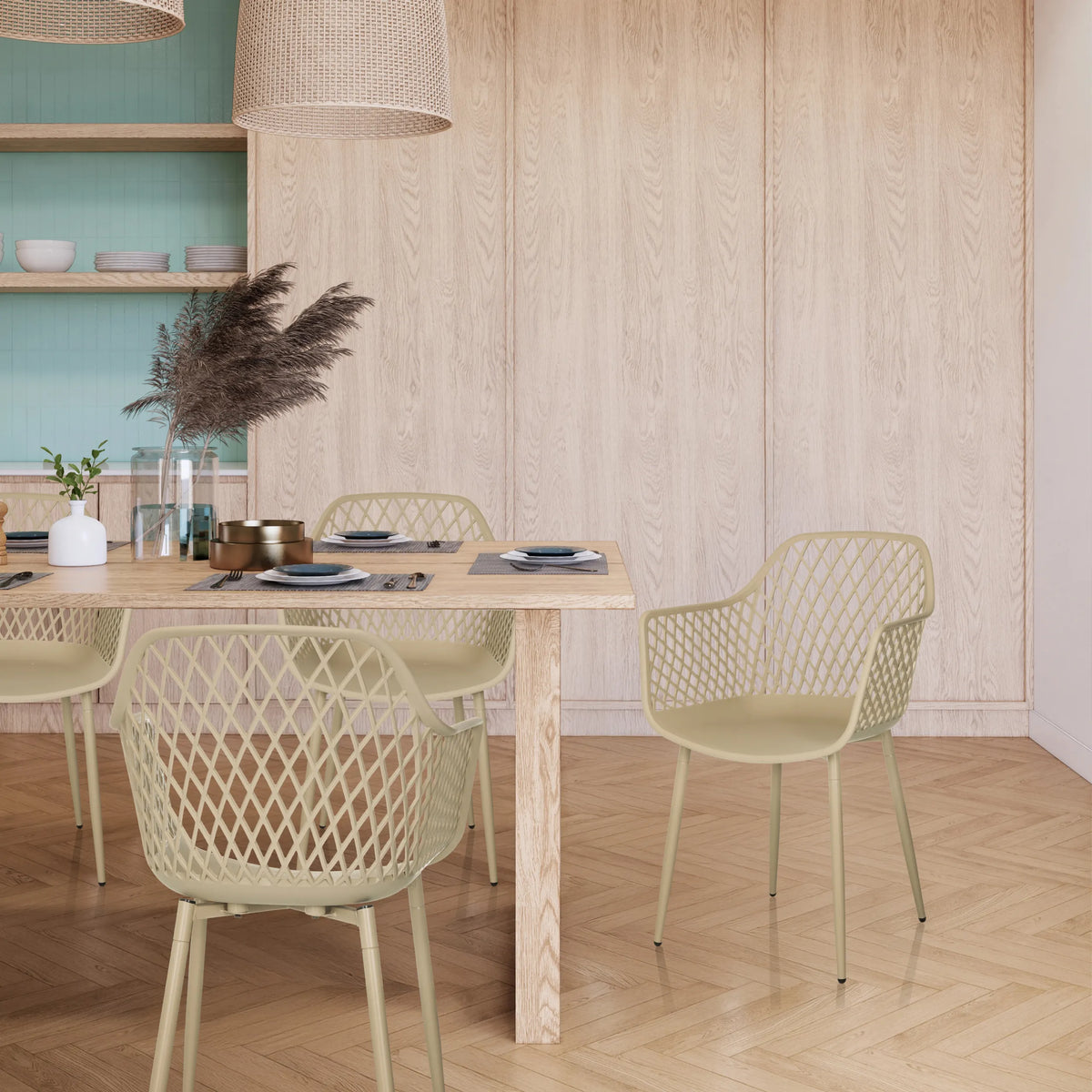 Beige Outdoor stoel BEGIO L met netvormige rugleuning en armleuningen van hjh LIVING