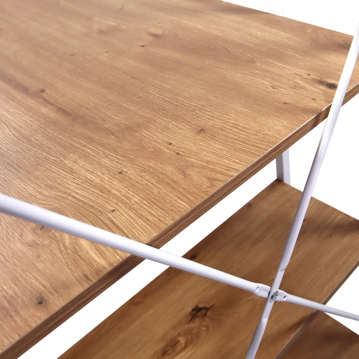 Houten oppervlak en witte metalen stangen van het Easy Up3 bureau in eikenlook van hjh LIVING