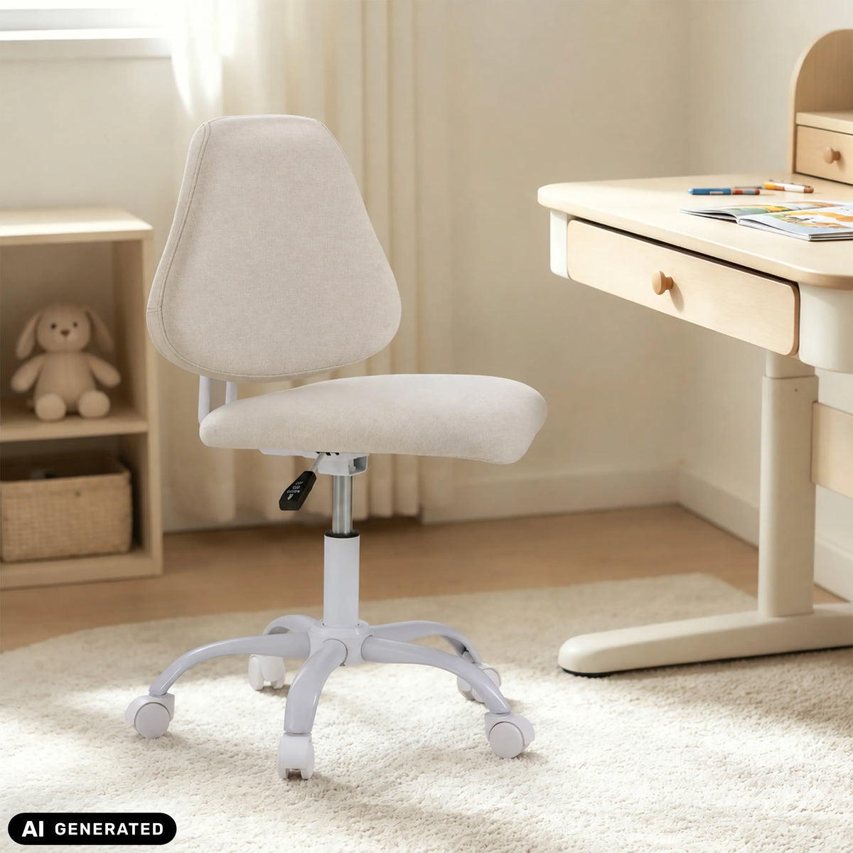 Beige kinder bureaustoel Lumikid met zwenkwielen en gasveer van hjh OFFICE (AI-gegenereerde afbeelding)