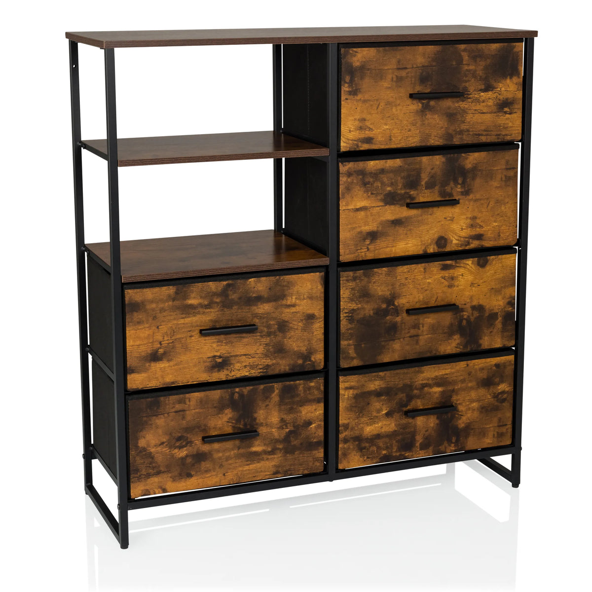 Commode RAGALA in gerookt eiken met zwarte metalen accenten, twee legplanken en zes laden van hjh LIVING – 360-gradenweergave (vooraanzicht 15°)