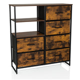 Commode RAGALA in gerookt eiken met zwarte metalen accenten, twee legplanken en zes laden van hjh LIVING – 360-gradenweergave (vooraanzicht 15°)