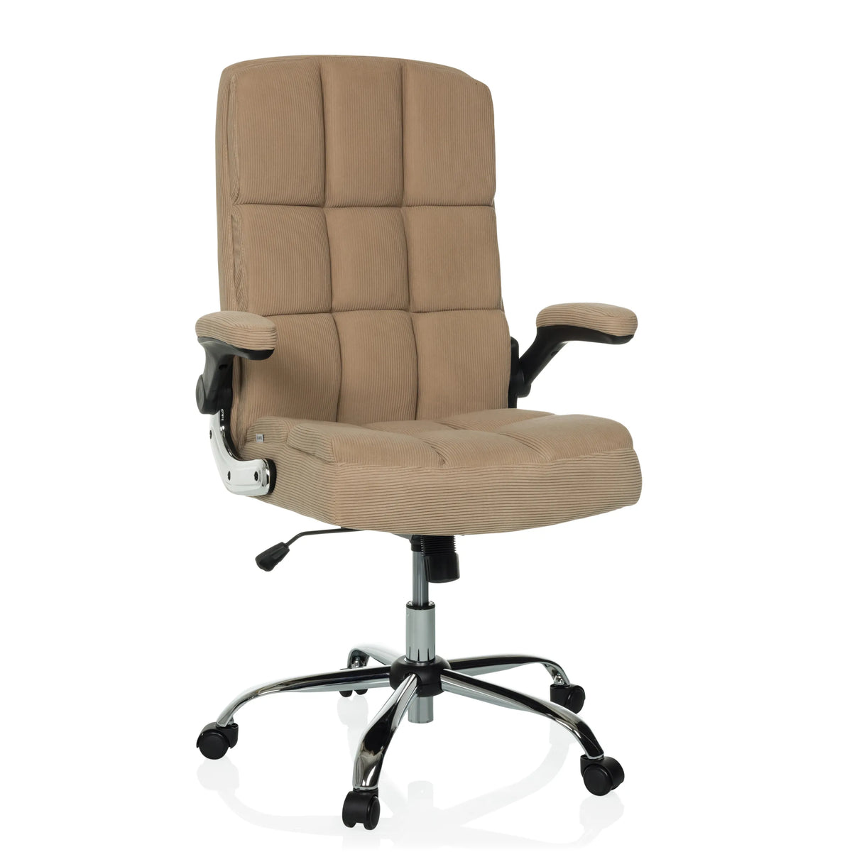 Beige Thuiskantoor bureaustoel RELAX WD 100 met corduroy bekleding en vijfpoot met wieltjes van MyBuero – 360-gradenweergave (vooraanzicht 15°)
