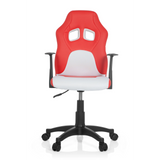 Rood-witte TEEN GAME AL kinder bureaustoel met armleuningen en zwart vijfsterrenvoet met zwenkwielen van hjh OFFICE – 360-gradenweergave (vooraanzicht 0°)