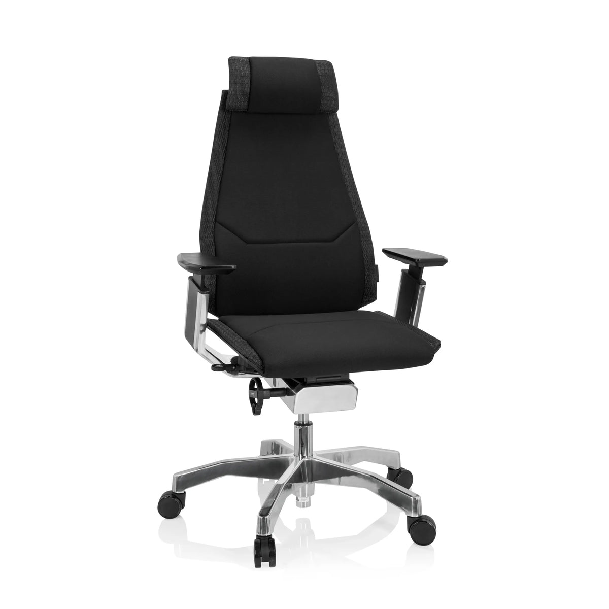 Zwarte High end bureaustoel GENIDIA PRO met stoffen bekleding en vijfpoot met wieltjes van hjh OFFICE – 360-gradenweergave (vooraanzicht 20°)
