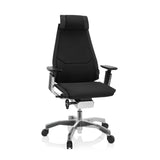 Zwarte High end bureaustoel GENIDIA PRO met stoffen bekleding en vijfpoot met wieltjes van hjh OFFICE – 360-gradenweergave (vooraanzicht 20°)