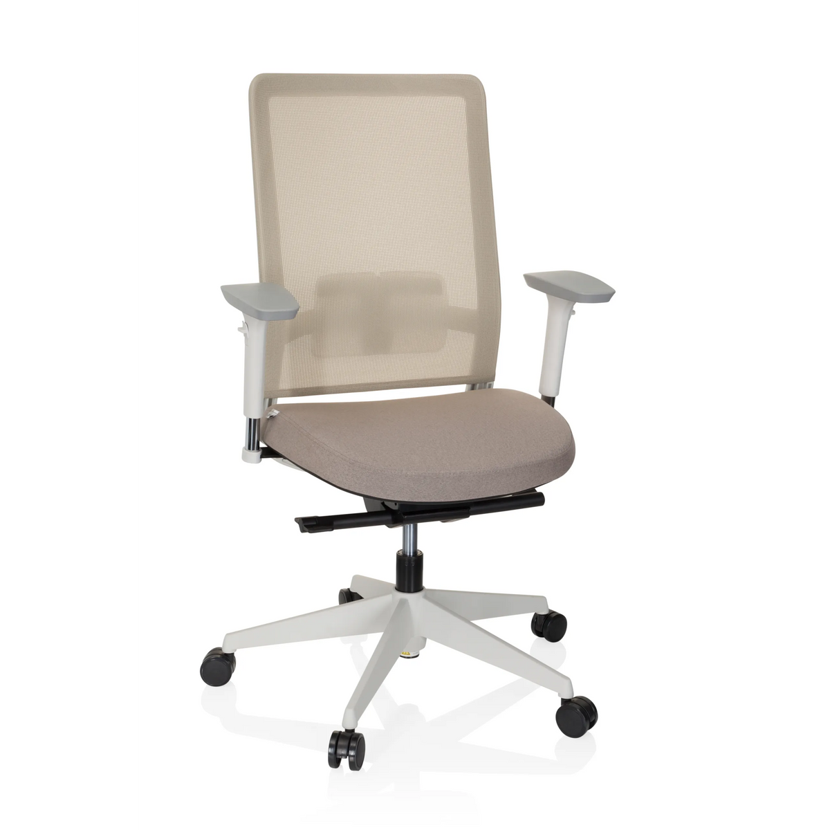 Beige professionele bureaustoel PURE WHITE met netrugleuning en vijfpoot met zwenkwielen van hjh OFFICE – 360-gradenweergave (vooraanzicht 20°)