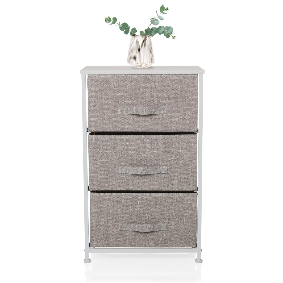 Grijze Commode FOLDRESS M met drie stoffen laden en een wit frame van hjh LIVING